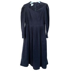 Laura Ashley Black Corduroy Long Puff Sleeve Midi Dress Size 10 Romantic Cottage
